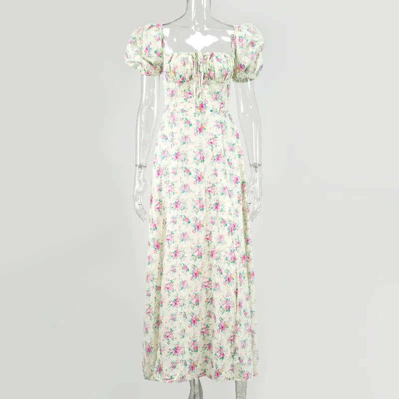 Gaia | Florales Bustier Midikleid mit quadratischem Kragen und Schlitz