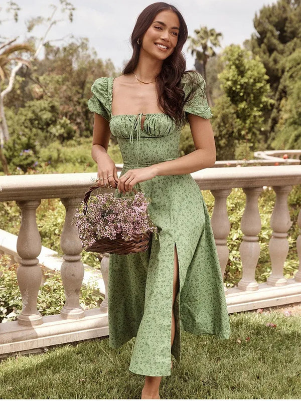 Gaia | Florales Bustier Midikleid mit quadratischem Kragen und Schlitz