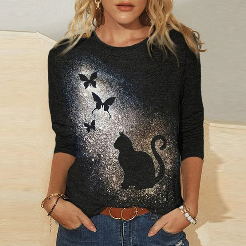Fenna | T-Shirt mit Katzenmuster und mittleren Ärmeln