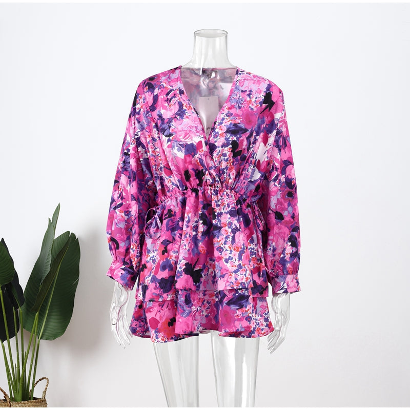 Hannah | Florales Minikleid mit V-Ausschnitt und Rüschen