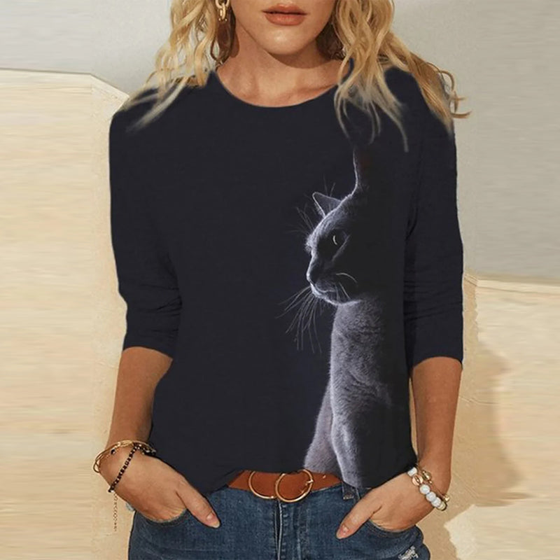 Fenna | T-Shirt mit Katzenmuster und mittleren Ärmeln