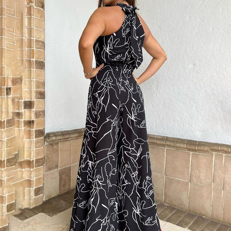 Astra | Abstrakter Druck Halter Weites Bein Jumpsuit