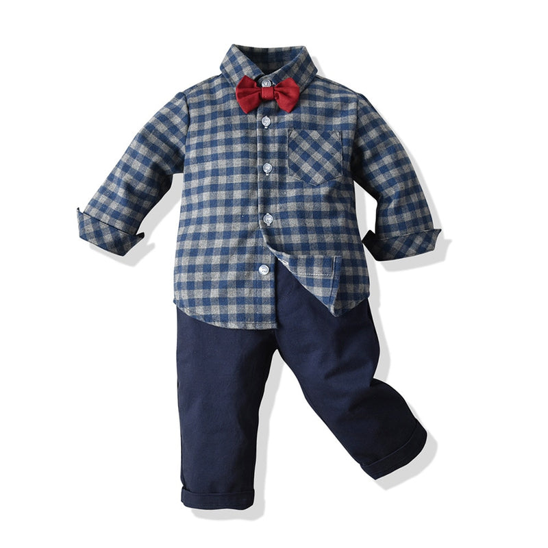Yvo | Jungen Fliege Kariertes Hemd und Hose Set