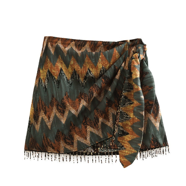 Lynn | Geometrisch geknoteter Sarong-Fransen-Minirock