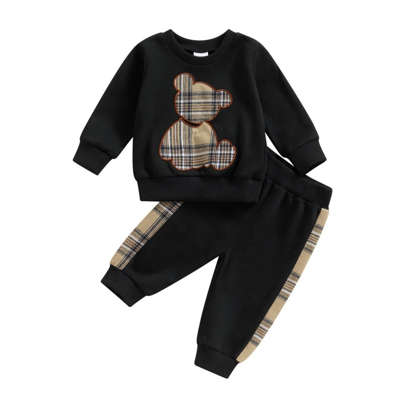 Matylda | Baby Girl Plaid Bear Print Sweatshirt und Shorts/Hosen Set