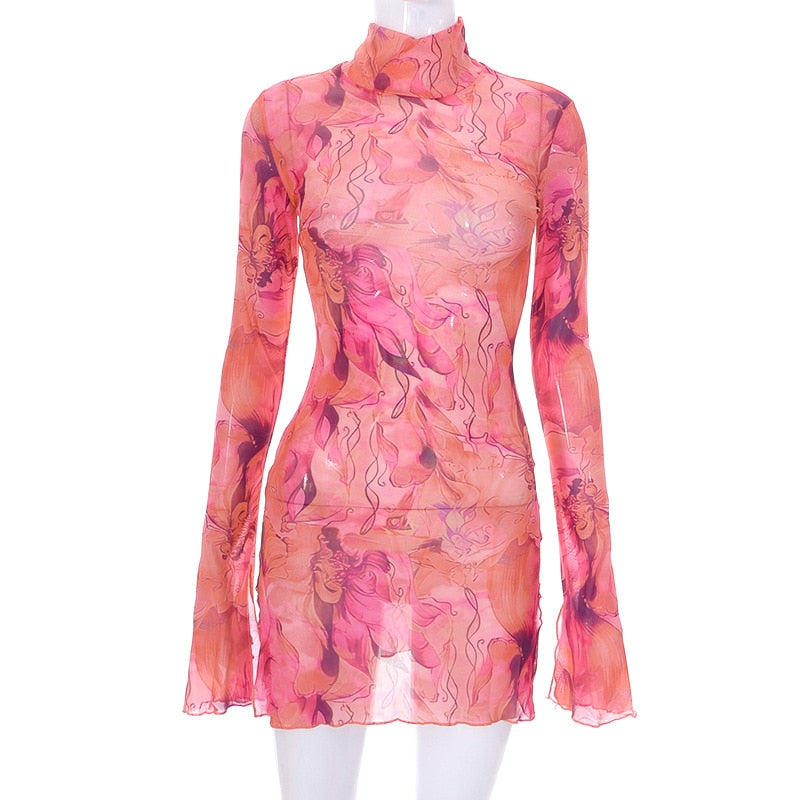 Lea | Y2K Tie-dye Mesh Bodycon Kleid mit langen Ärmeln und Schlitz
