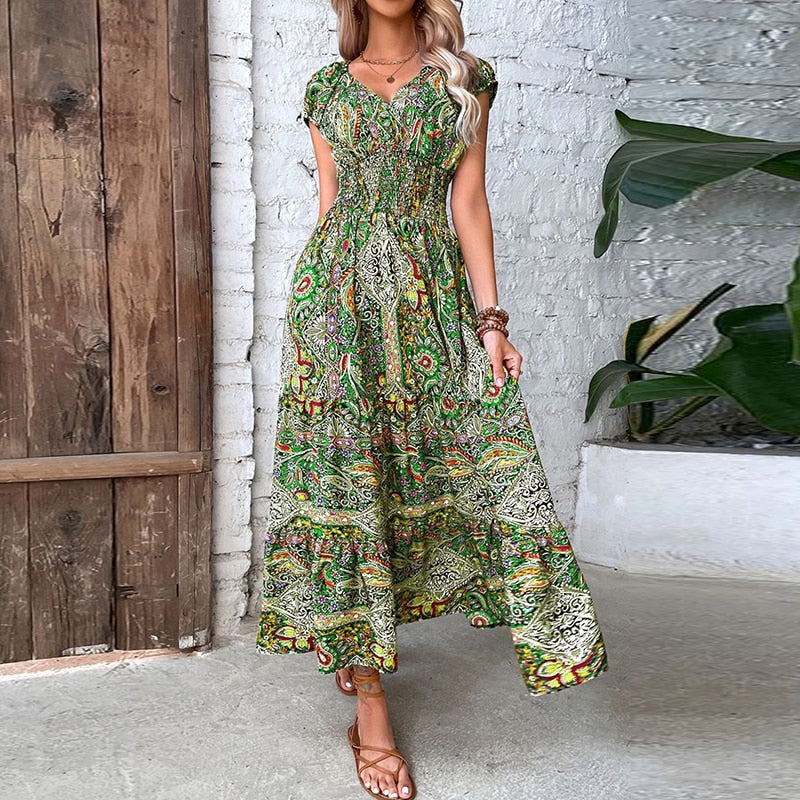 Minerva | Kurzärmeliges Maxikleid mit V-Ausschnitt und Boho-Print