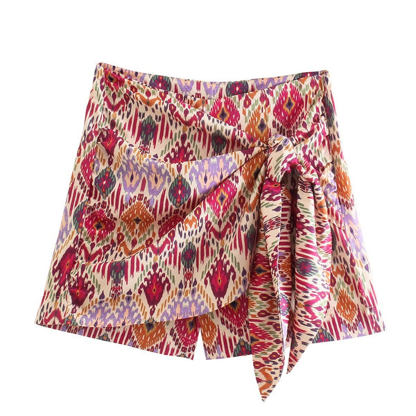 Lina | Asymmetrischer Druck Knoten Hohe Taille Rock Kurz