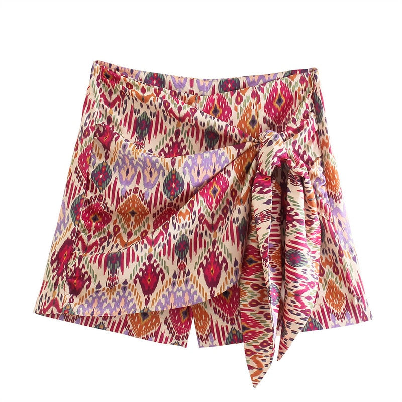 Lina | Asymmetrischer Druck Knoten Hohe Taille Rock Kurz