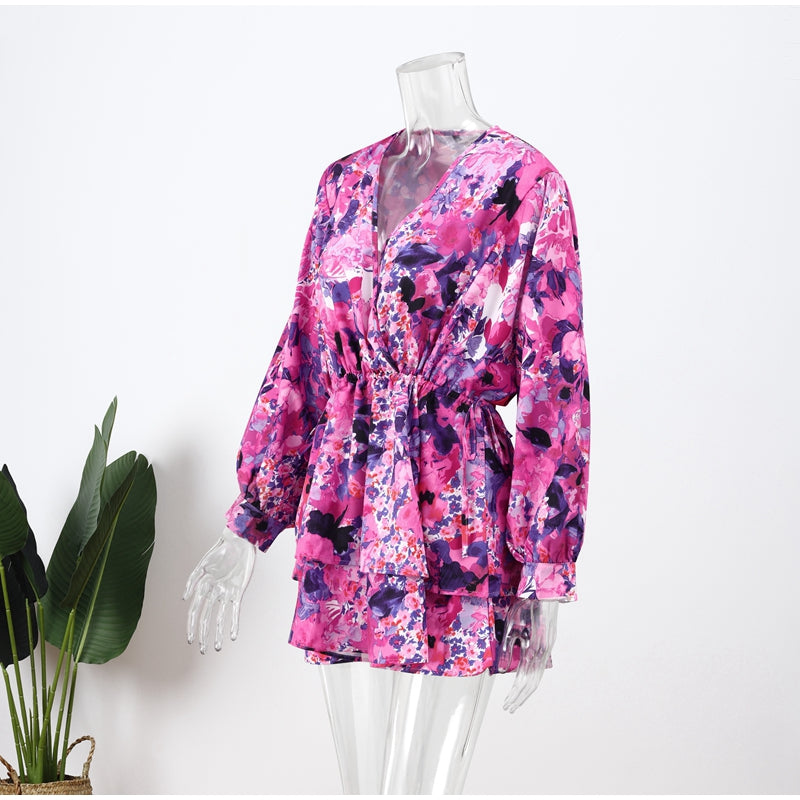 Hannah | Florales Minikleid mit V-Ausschnitt und Rüschen