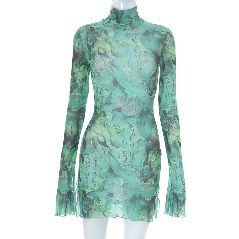 Lea | Y2K Tie-dye Mesh Bodycon Kleid mit langen Ärmeln und Schlitz