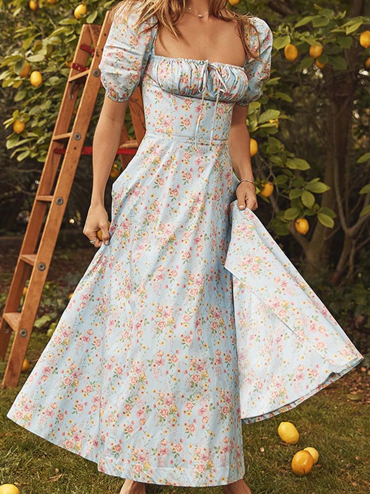 Gaia | Florales Bustier Midikleid mit quadratischem Kragen und Schlitz