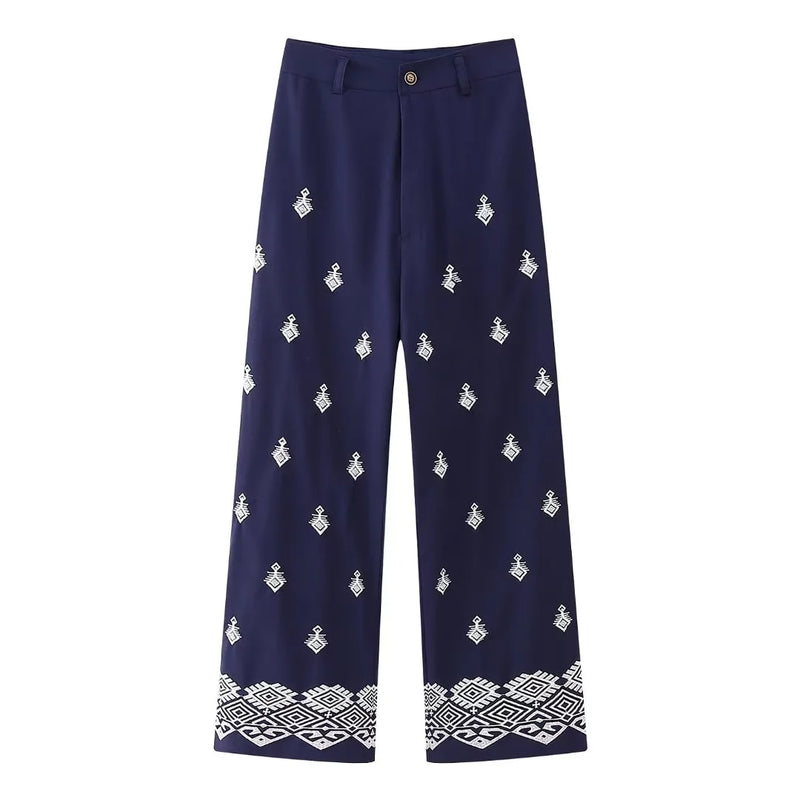 Lisa | Vintage Bestickte Leinenhosen mit hoher Taille Weite Hosen