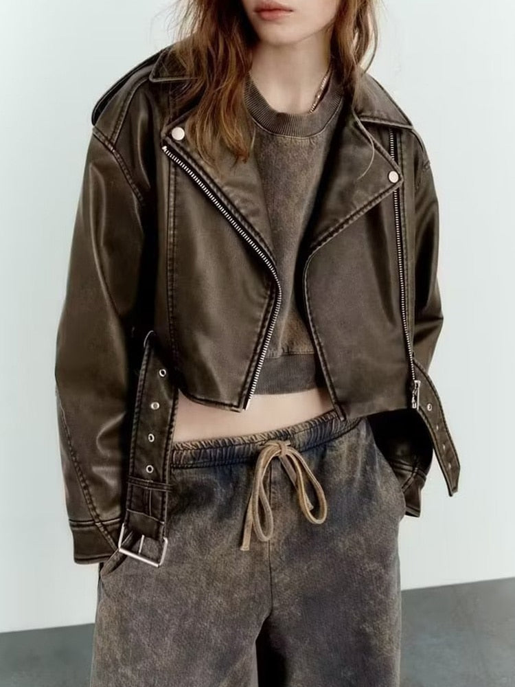 Effie | Kurze Vintage-Lederjacke mit Gürtel