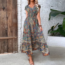 Minerva | Kurzärmeliges Maxikleid mit V-Ausschnitt und Boho-Print