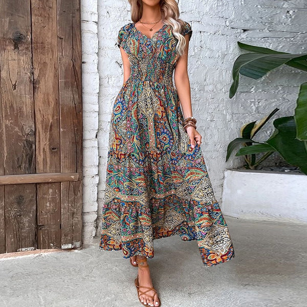 Minerva | Kurzärmeliges Maxikleid mit V-Ausschnitt und Boho-Print