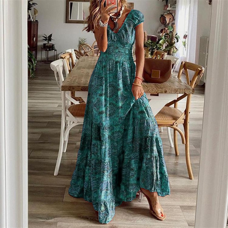 Minerva | Kurzärmeliges Maxikleid mit V-Ausschnitt und Boho-Print