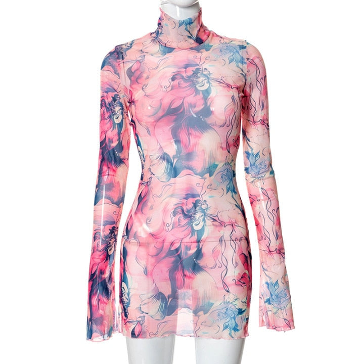 Lea | Y2K Tie-dye Mesh Bodycon Kleid mit langen Ärmeln und Schlitz