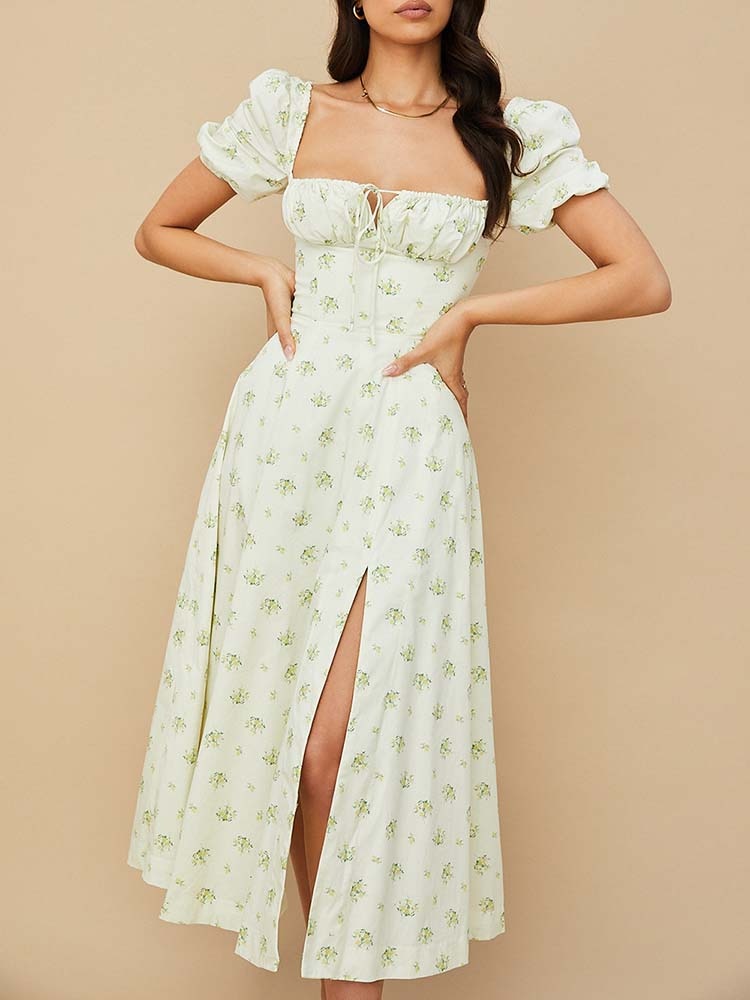 Gaia | Florales Bustier Midikleid mit quadratischem Kragen und Schlitz
