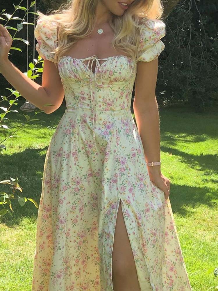 Gaia | Florales Bustier Midikleid mit quadratischem Kragen und Schlitz