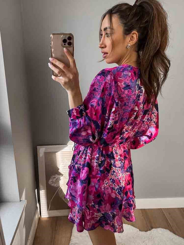 Hannah | Florales Minikleid mit V-Ausschnitt und Rüschen