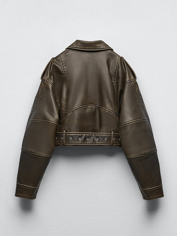 Effie | Kurze Vintage-Lederjacke mit Gürtel