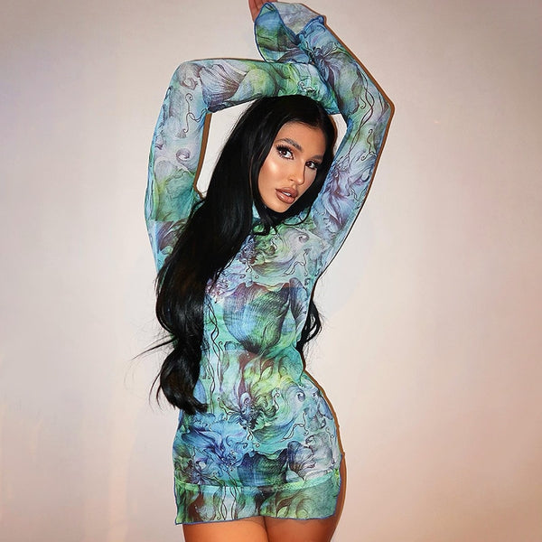 Lea | Y2K Tie-dye Mesh Bodycon Kleid mit langen Ärmeln und Schlitz