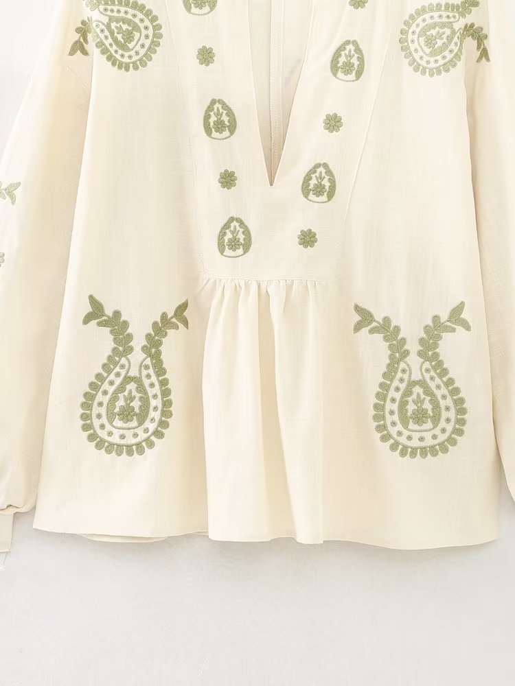 Sanne | Lose Bluse mit bestickten ethnischen Laternenärmeln