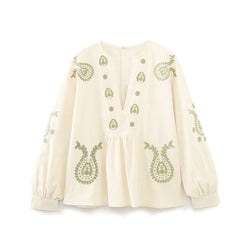 Sanne | Lose Bluse mit bestickten ethnischen Laternenärmeln
