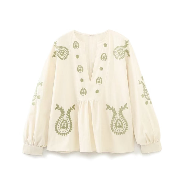 Sanne | Lose Bluse mit bestickten ethnischen Laternenärmeln