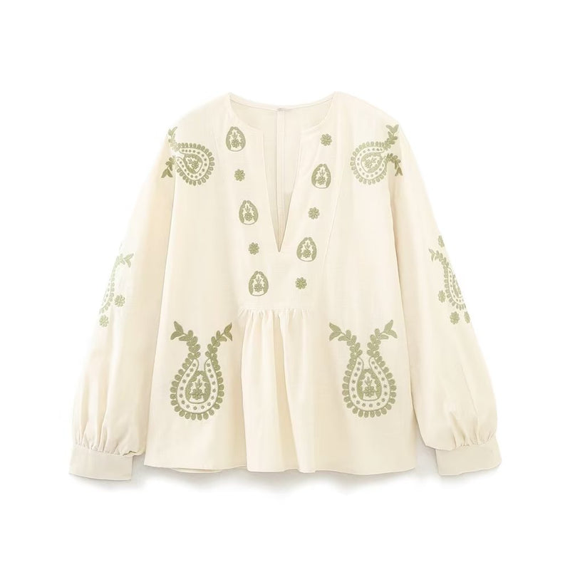 Sanne | Lose Bluse mit bestickten ethnischen Laternenärmeln