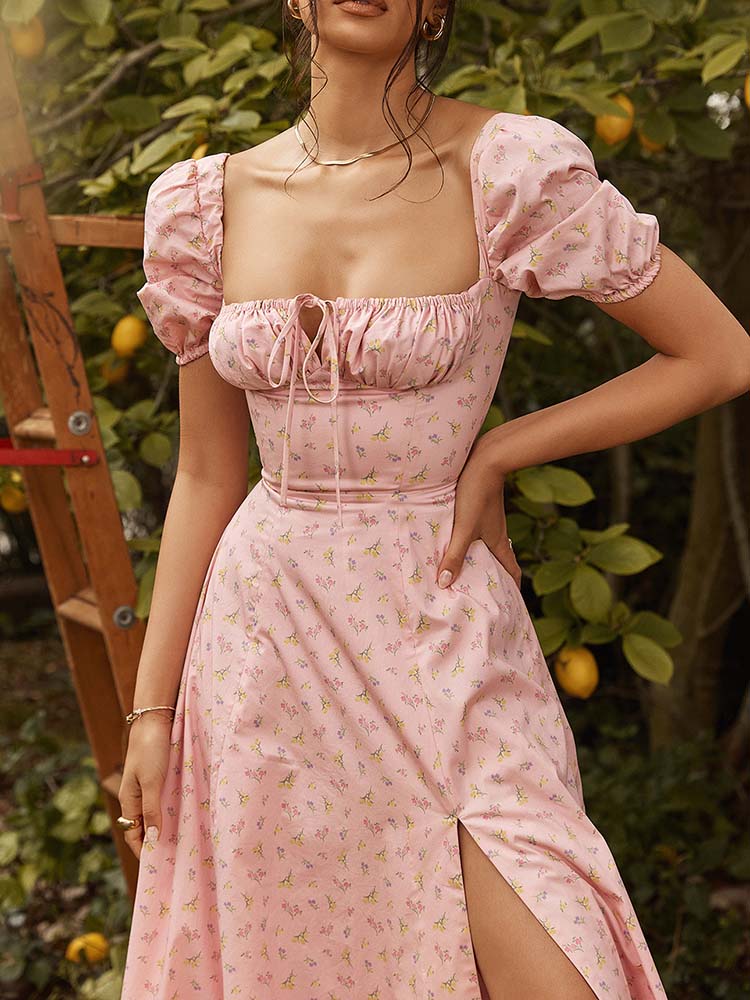 Gaia | Florales Bustier Midikleid mit quadratischem Kragen und Schlitz