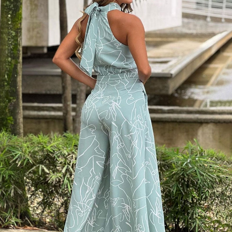 Astra | Abstrakter Druck Halter Weites Bein Jumpsuit