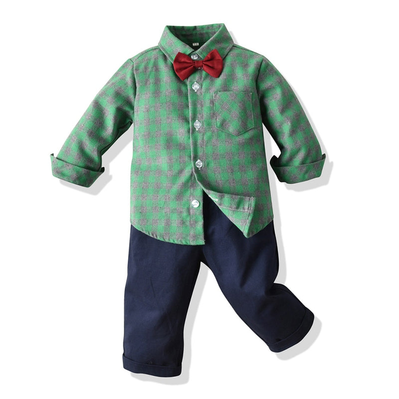 Yvo | Jungen Fliege Kariertes Hemd und Hose Set