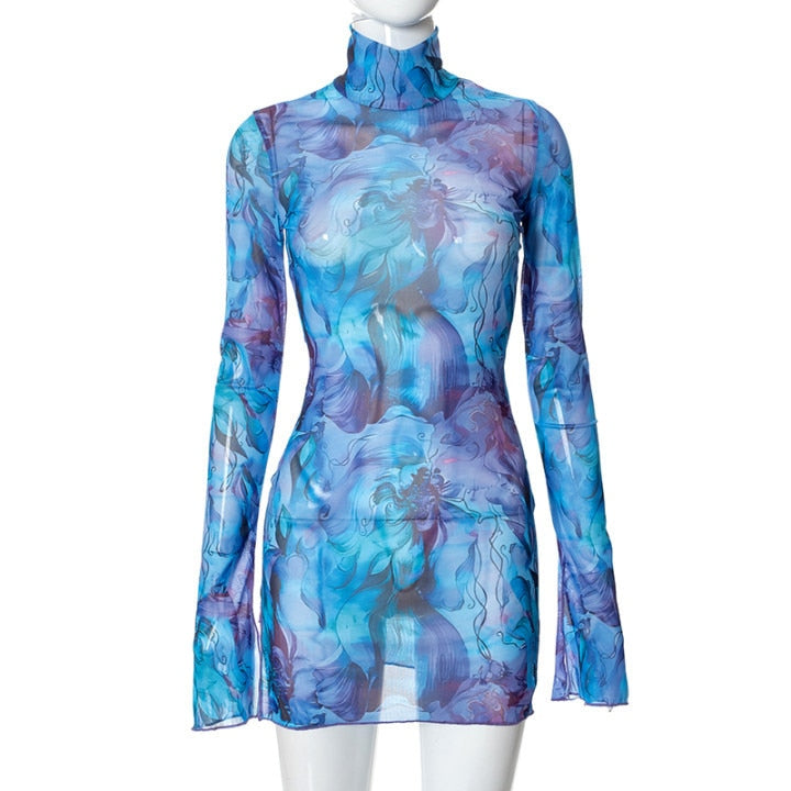 Lea | Y2K Tie-dye Mesh Bodycon Kleid mit langen Ärmeln und Schlitz