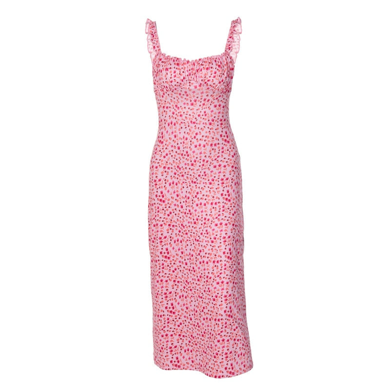 Wilhelmina | Rosa gerüschtes sexy ärmelloses Midikleid