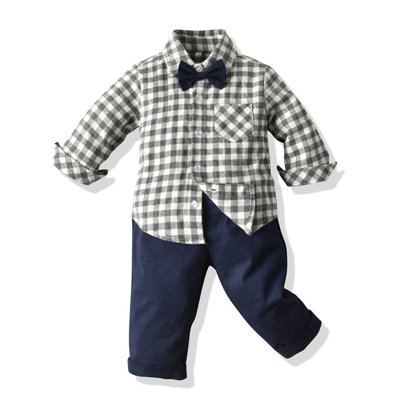 Yvo | Jungen Fliege Kariertes Hemd und Hose Set