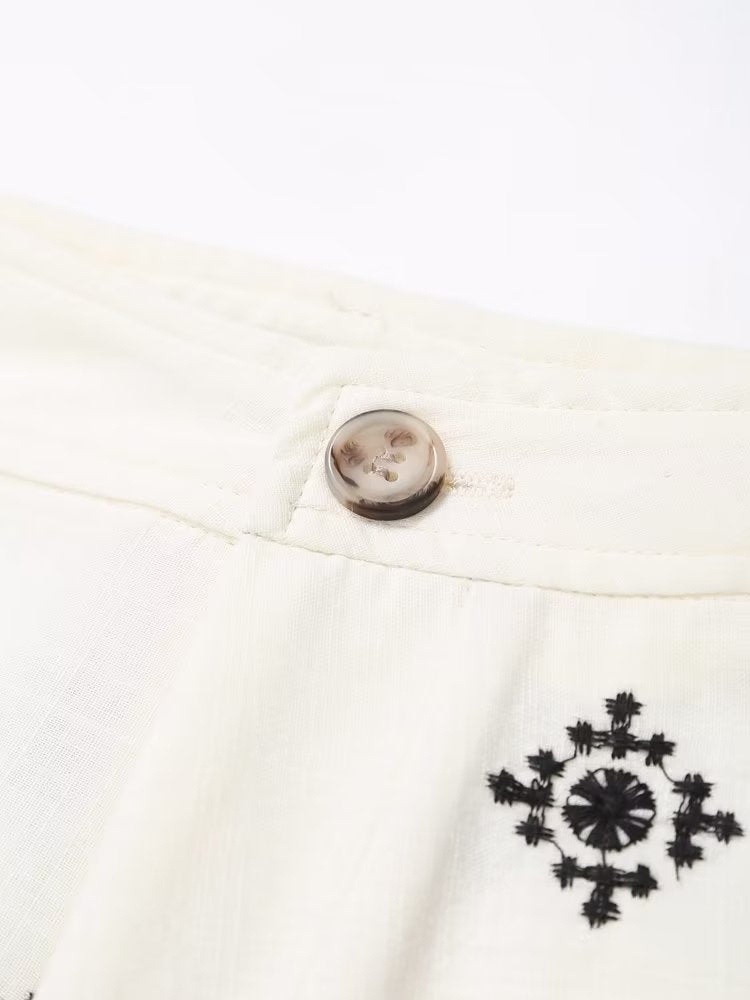 Lisa | Vintage Bestickte Leinenhosen mit hoher Taille Weite Hosen