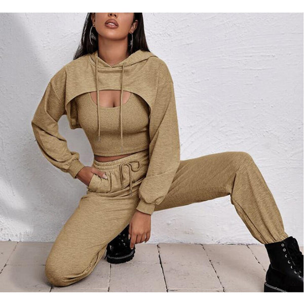 Sophie | Stilvolles Drei-Teile-Set für Damen: Kapuzenweste, Sweater und Hose