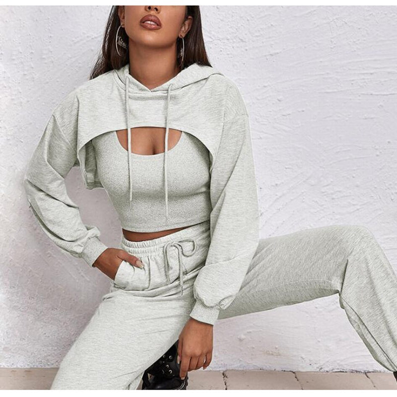 Sophie | Stilvolles Drei-Teile-Set für Damen: Kapuzenweste, Sweater und Hose