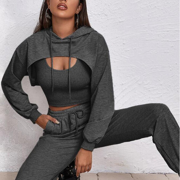 Sophie | Stilvolles Drei-Teile-Set für Damen: Kapuzenweste, Sweater und Hose