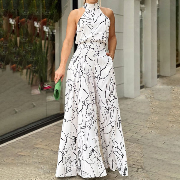 Astra | Abstrakter Druck Halter Weites Bein Jumpsuit