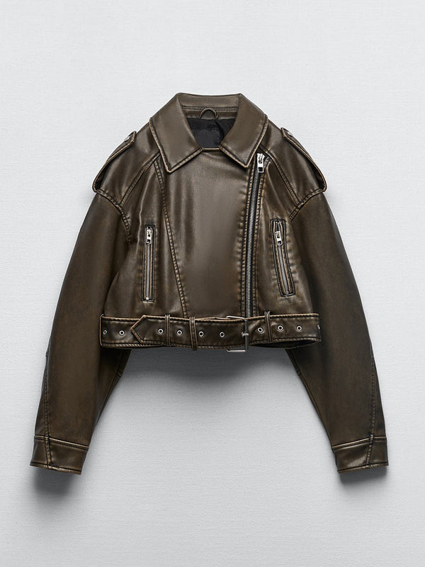 Effie | Kurze Vintage-Lederjacke mit Gürtel