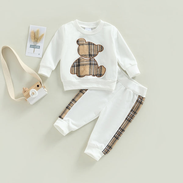 Matylda | Baby Girl Plaid Bear Print Sweatshirt und Shorts/Hosen Set