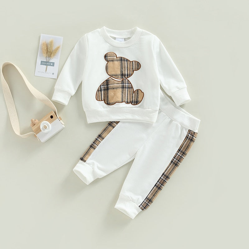 Matylda | Baby Girl Plaid Bear Print Sweatshirt und Shorts/Hosen Set